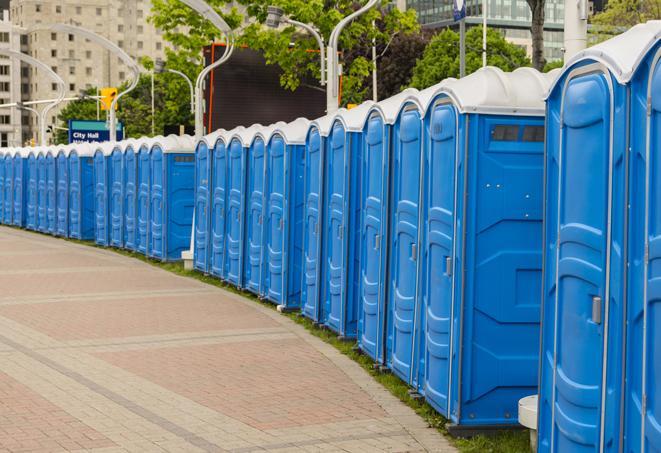 a line of brightly-colored portable restrooms, perfect for outdoor festivals and concerts in Fort Hall